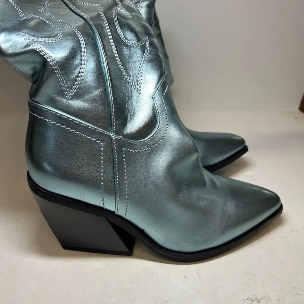 Madden Girl Womens 7 M Blue Metallic Arizona Western Knee High Boots DISPLAY QK3